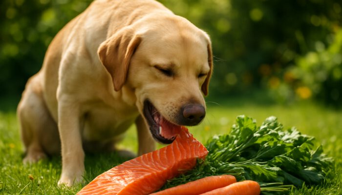 Happy Labrador enjoying raw salmon and vegetables in a sunny garden for natural pet wellness