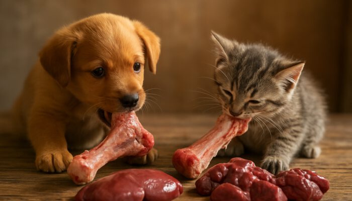 Playful puppy and kitten chewing raw bones beside organ meats on a wooden table.