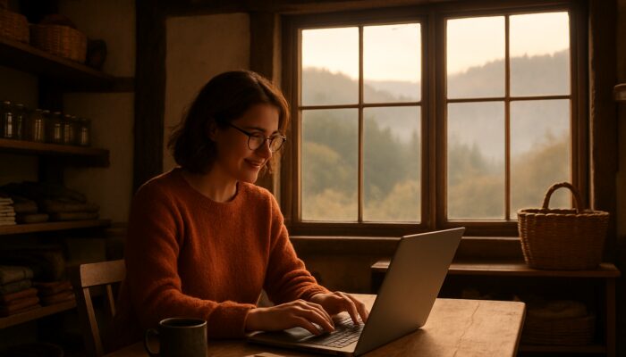 Small business owner blogging on a laptop in a rustic Lydney shop with misty views of the Forest of Dean