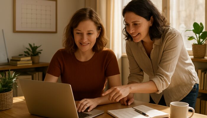 Lydney business owner strategising blog posts on laptop with local expert in a sunlit office