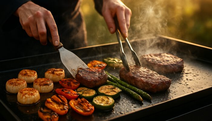 Chef's hands searing scallops, vegetables, and steaks on a sizzling outdoor plancha grill at golden hour.