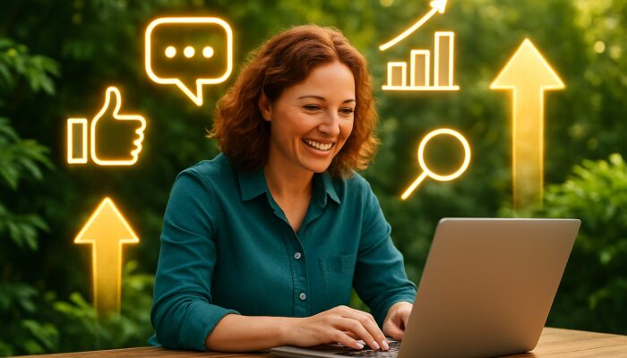 Kingswood small business owner using a laptop with glowing SEO, social media icons, and growth charts