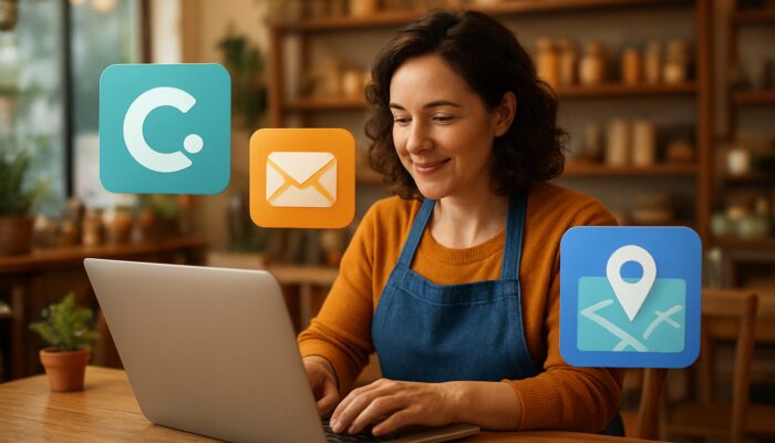 Kingswood small business owner designing graphics on a laptop with Canva, Mailchimp, and Google My Business icons in a cosy shop