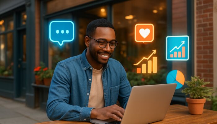 Tiverton small business owner using laptop for internet marketing with SEO charts and social icons
