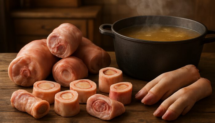 Fresh knuckles, joints, and feet with marrow beside steaming pot of golden bone broth on wooden table.