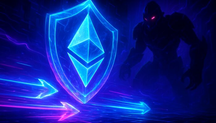 Futuristic arena with radiant Ethereum transactions shielded by crystalline armour from deceptive MEV bots in vibrant neon hues.