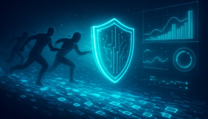 Digital barrier preventing MEV front-runners from blockchain transactions with holographic resilience metrics in neon void