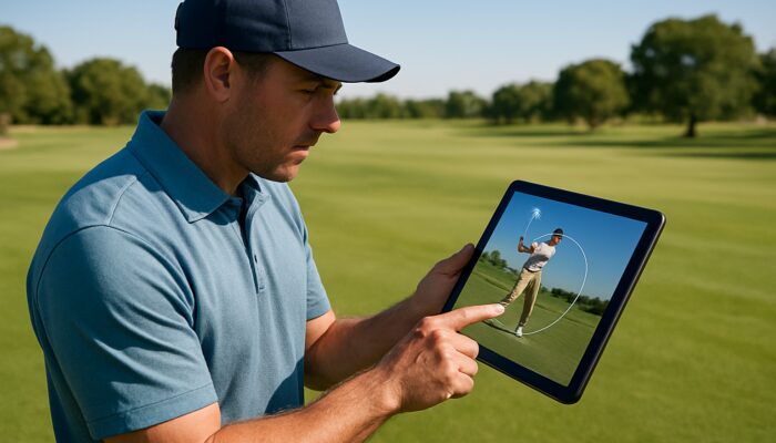 Gauteng golf coach analysing slow-motion swing on tablet at sunny inland fairway