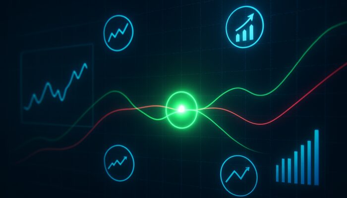 Futuristic trading dashboard with Twiggs Money Flow and moving averages converging on glowing green signal.
