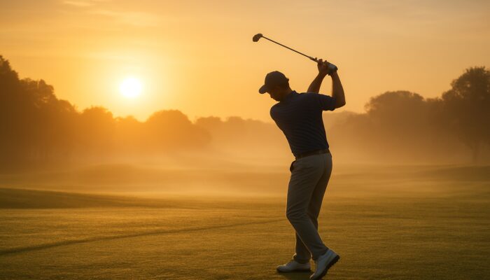Focused golfer swings shorter clubs on a misty dewy fairway at sunrise, Durban seaside course.