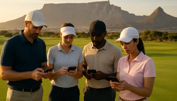 Golfers checking their smartphones for pin positions at a scenic Cape Town course with Table Mountain in the background