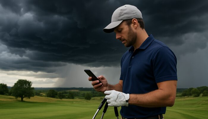 Golfer checking a weather app on their smartphone amid storm clouds on a highveld golf course