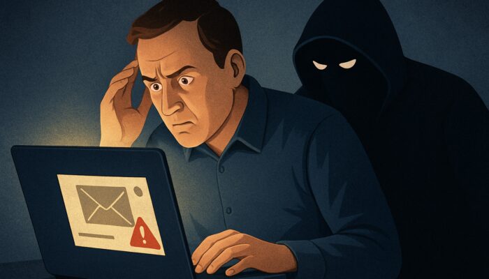 User identifying a fraudulent sender in phishing email on laptop with lurking cybercriminal behind