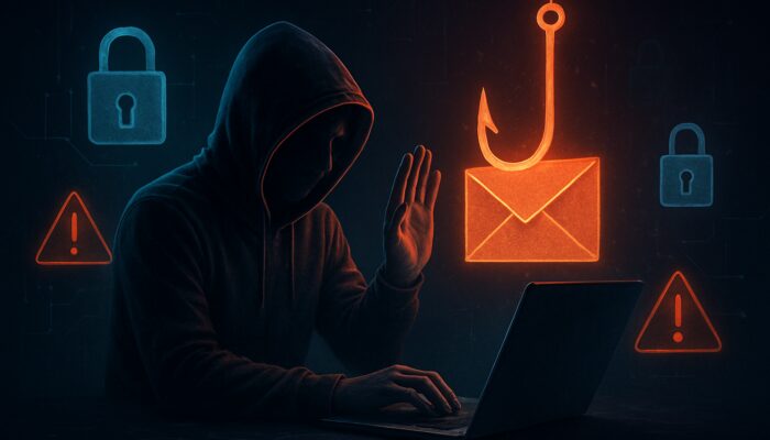 User protecting laptop from phishing email lure with digital locks and security alerts