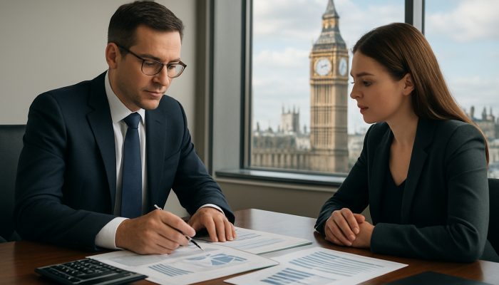 UK accountant advising client on tax documents in modern London office with Big Ben view