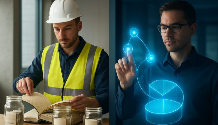 Split-screen office: construction manager sorts tax ledgers beside tech founder automating holographic fund separation for UK compliance.