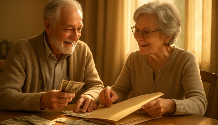 Bringing Together Debts for Older Borrowers: Practical Tips | DCL Elderly couple consolidating scattered bills into organized folder under warm sunlight for debt relief.